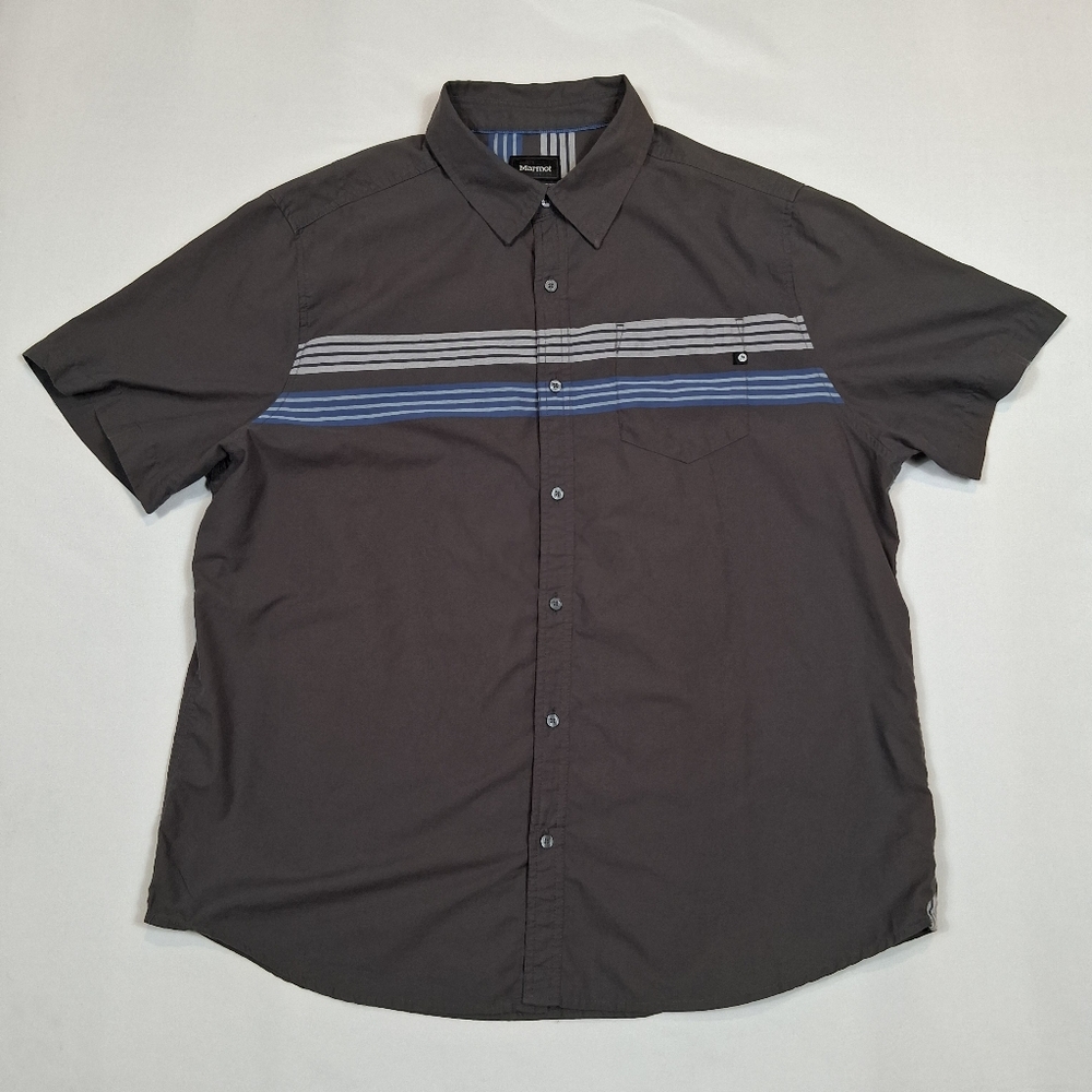 Marmot Short Sleeve Button Up Shirt Mens 2XL Grey/Blue Canvas Granola Core Y2k